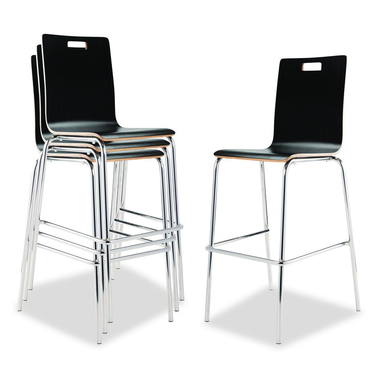 Bushwick Series Bentwood Stool, Supports Up to 500 lb, 30" Seat Height, Black Seat, Black Back, Chrome Base, 4/Carton