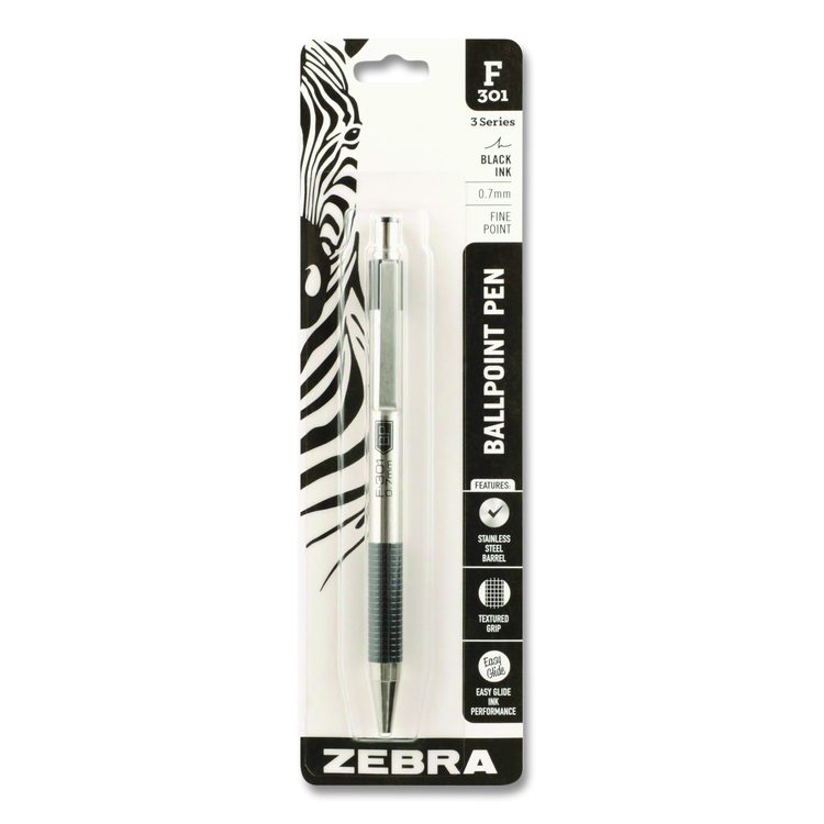 F-301 Ballpoint Pen, Retractable, Fine 0.7 mm, Black Ink, Stainless Steel/Black Barrel