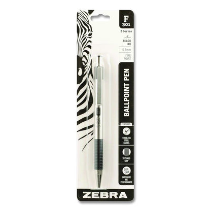F-301 Ballpoint Pen, Retractable, Fine 0.7 mm, Black Ink, Stainless Steel/Black Barrel