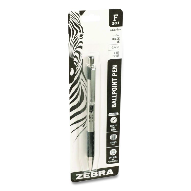 F-301 Ballpoint Pen, Retractable, Fine 0.7 mm, Black Ink, Stainless Steel/Black Barrel