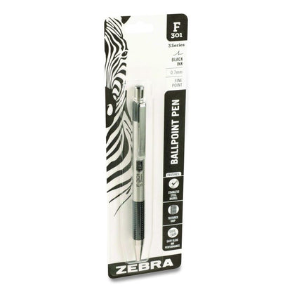 F-301 Ballpoint Pen, Retractable, Fine 0.7 mm, Black Ink, Stainless Steel/Black Barrel