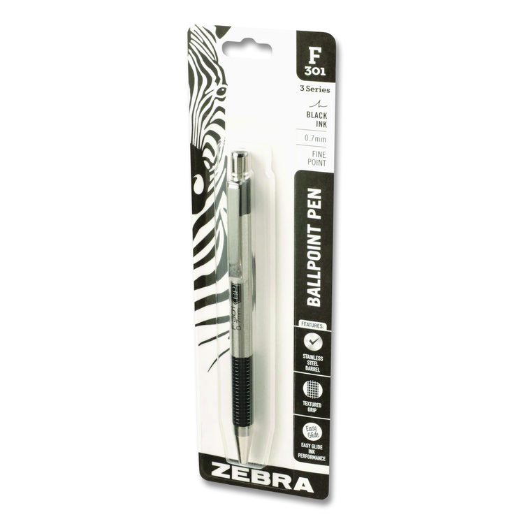 F-301 Ballpoint Pen, Retractable, Fine 0.7 mm, Black Ink, Stainless Steel/Black Barrel
