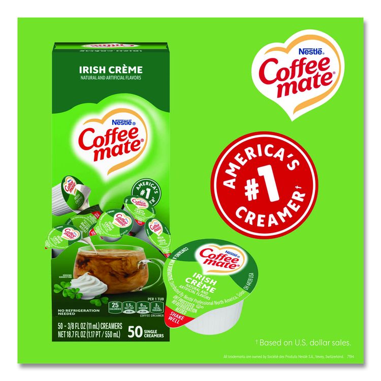 Liquid Coffee Creamer, Irish Cream, 0.38 oz Mini Cups, 50/Box, 4 Boxes/Carton