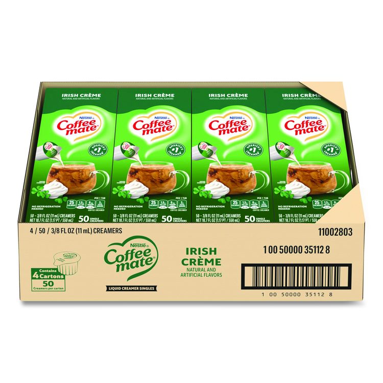 Liquid Coffee Creamer, Irish Cream, 0.38 oz Mini Cups, 50/Box, 4 Boxes/Carton