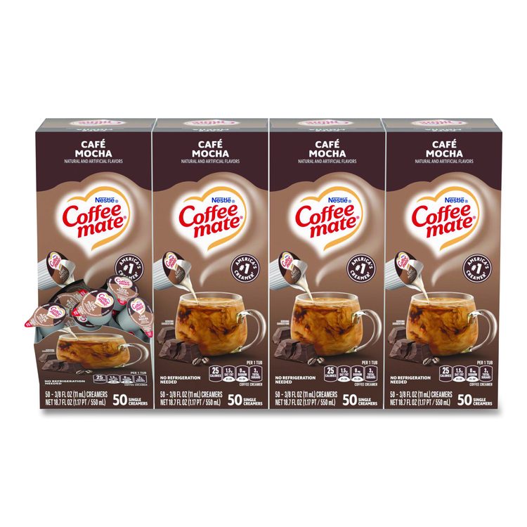 Liquid Coffee Creamer, Cafe Mocha, 0.38 oz Mini Cups, 50/Box, 4 Boxes/Carton