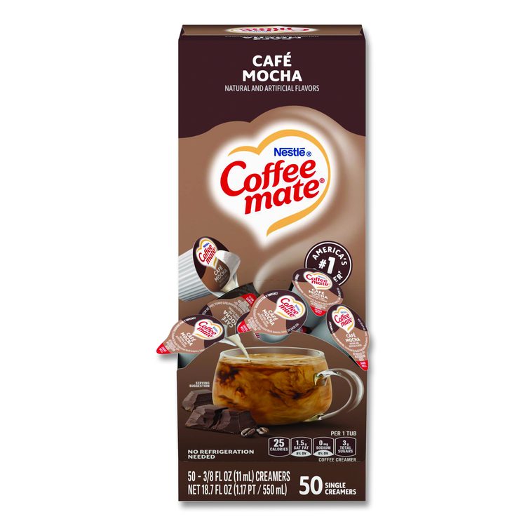 Liquid Coffee Creamer, Cafe Mocha, 0.38 oz Mini Cups, 50/Box