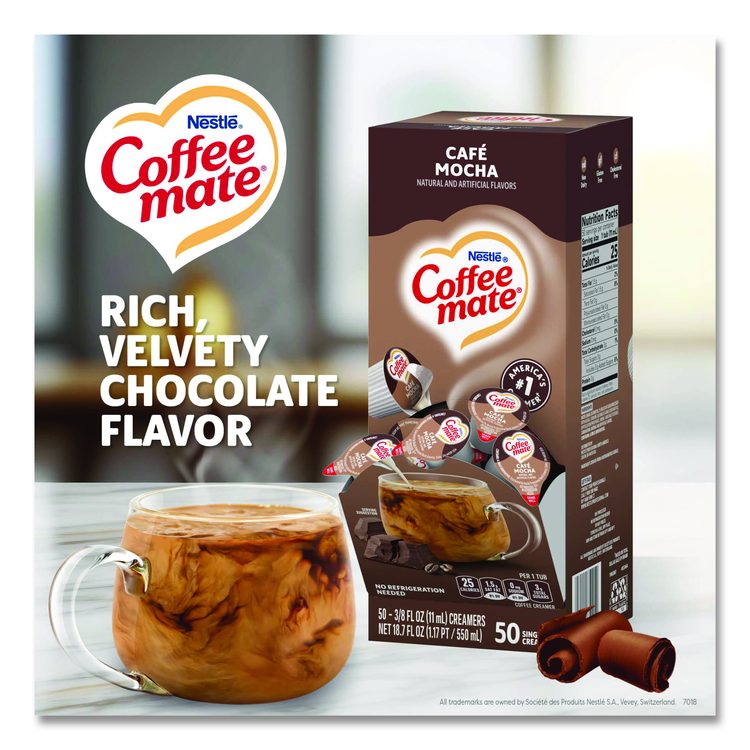 Liquid Coffee Creamer, Cafe Mocha, 0.38 oz Mini Cups, 50/Box, 4 Boxes/Carton