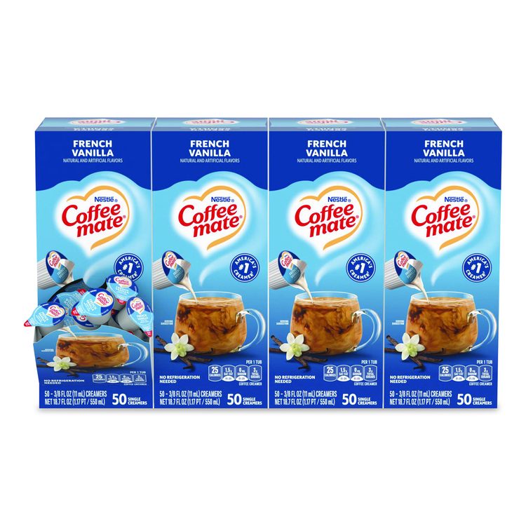 Liquid Coffee Creamer, French Vanilla, 0.38 oz Mini Cups, 50/Box, 4 Boxes/Carton