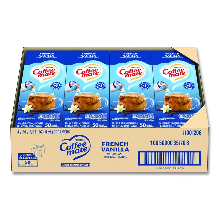 Liquid Coffee Creamer, French Vanilla, 0.38 oz Mini Cups, 50/Box, 4 Boxes/Carton