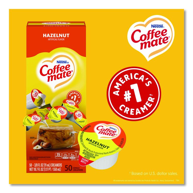 Liquid Coffee Creamer, Hazelnut, 0.38 oz Mini Cups, 50/Box
