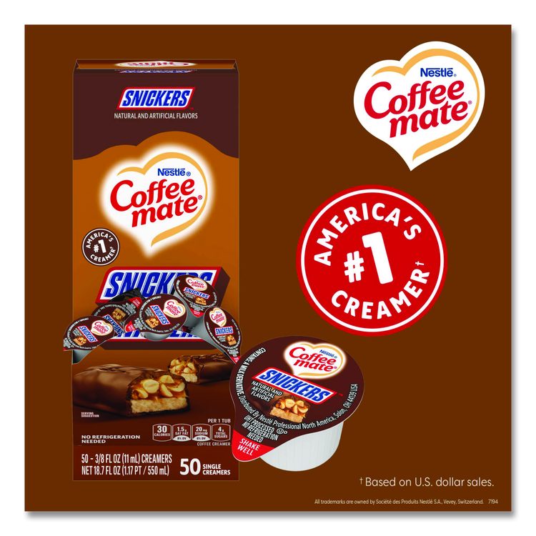Liquid Coffee Creamer, Snickers, 0.38 oz Mini Cups, 50/Box