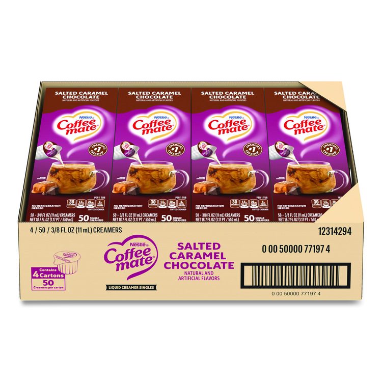Liquid Coffee Creamer, Salted Caramel Chocolate, 0.38 oz Mini Cups, 50/Box, 4 Boxes/Carton