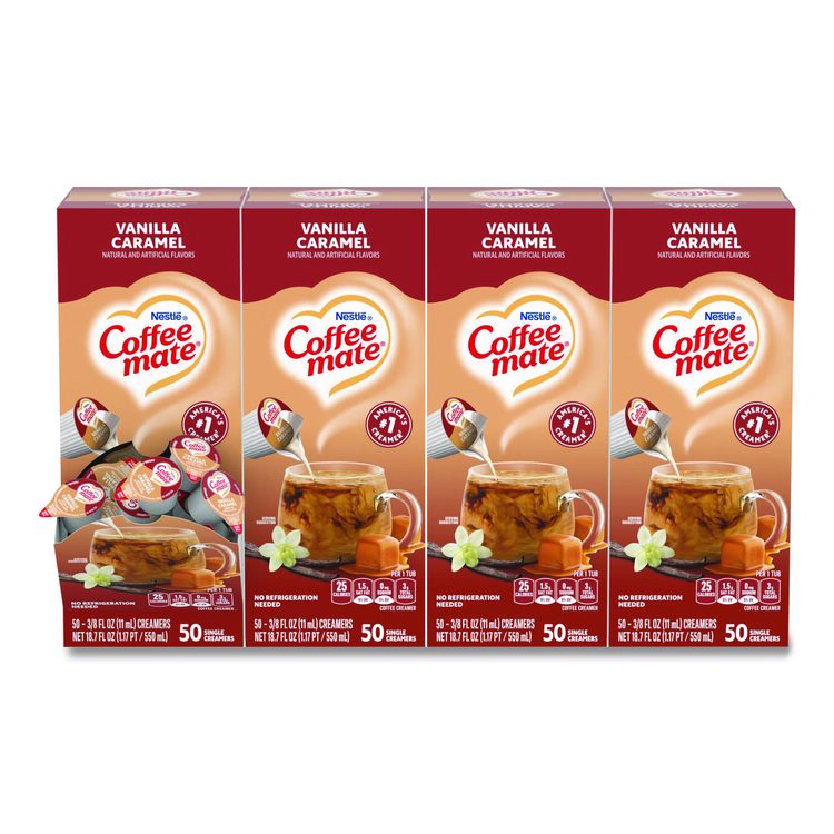 Liquid Coffee Creamer, Vanilla Caramel, 0.38 oz Mini Cups, 50/Box, 4 Boxes/Carton