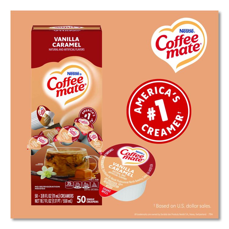 Liquid Coffee Creamer, Vanilla Caramel, 0.38 oz Mini Cups, 50/Box, 4 Boxes/Carton