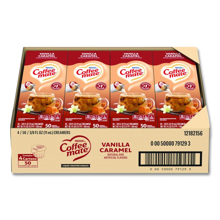 Liquid Coffee Creamer, Vanilla Caramel, 0.38 oz Mini Cups, 50/Box, 4 Boxes/Carton