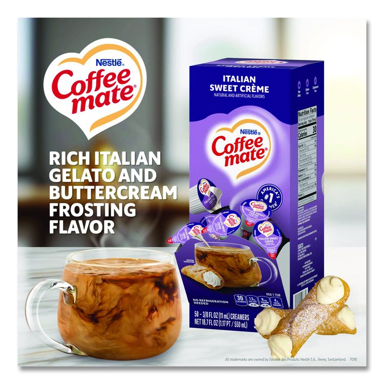 Liquid Coffee Creamer, Italian Sweet Cream, 0.38 oz Mini Cups, 50/Box, 4 Boxes/Carton