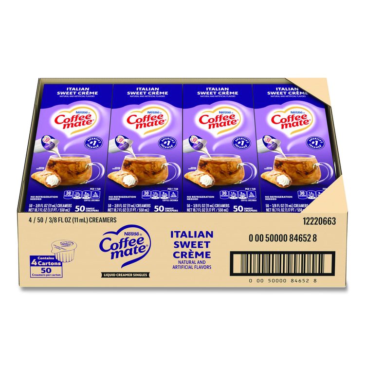 Liquid Coffee Creamer, Italian Sweet Cream, 0.38 oz Mini Cups, 50/Box, 4 Boxes/Carton