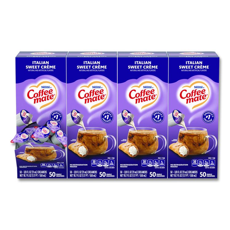 Liquid Coffee Creamer, Italian Sweet Cream, 0.38 oz Mini Cups, 50/Box, 4 Boxes/Carton