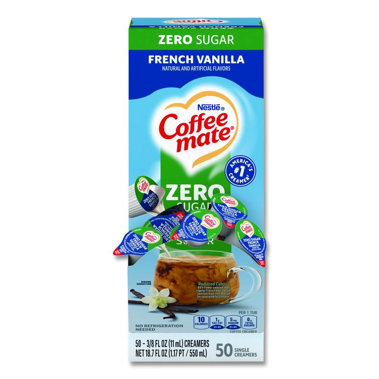 Liquid Coffee Creamer, Zero Sugar French Vanilla, 0.38 oz Mini Cups, 50/Box