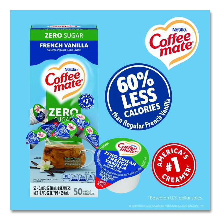 Liquid Coffee Creamer, Zero Sugar French Vanilla, 0.38 oz Mini Cups, 50/Box, 4 Boxes/Carton