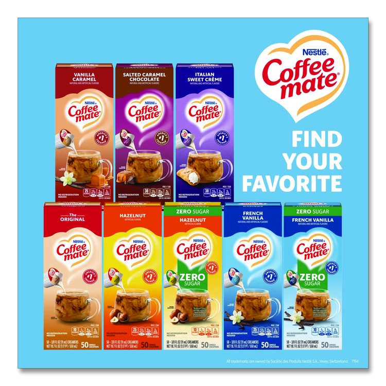 Liquid Coffee Creamer, Zero Sugar French Vanilla, 0.38 oz Mini Cups, 50/Box, 4 Boxes/Carton