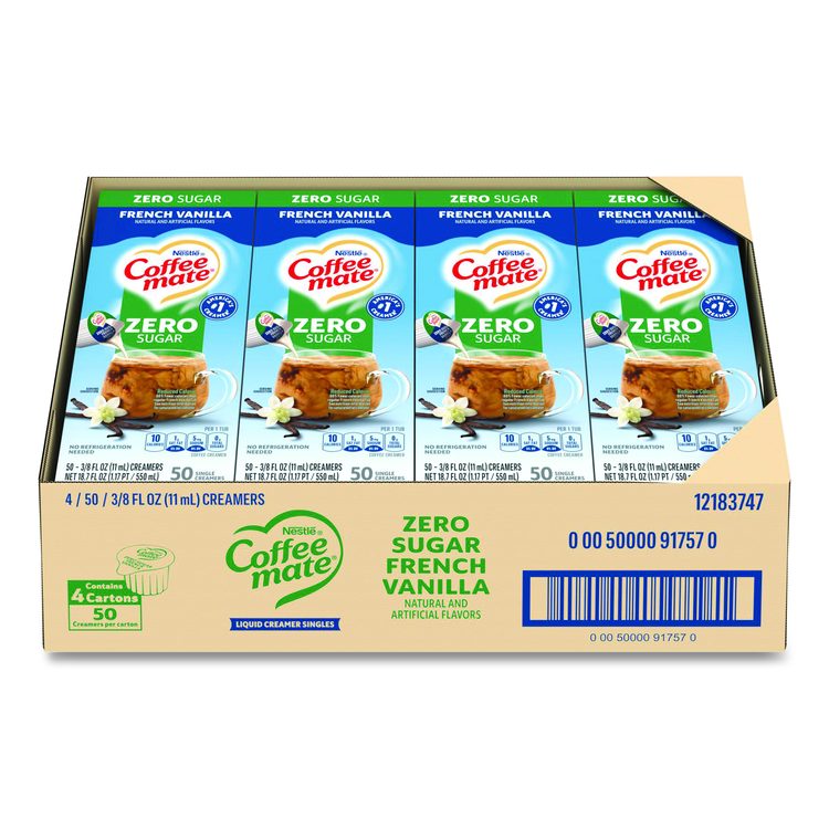 Liquid Coffee Creamer, Zero Sugar French Vanilla, 0.38 oz Mini Cups, 50/Box, 4 Boxes/Carton