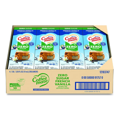 Liquid Coffee Creamer, Zero Sugar French Vanilla, 0.38 oz Mini Cups, 50/Box, 4 Boxes/Carton