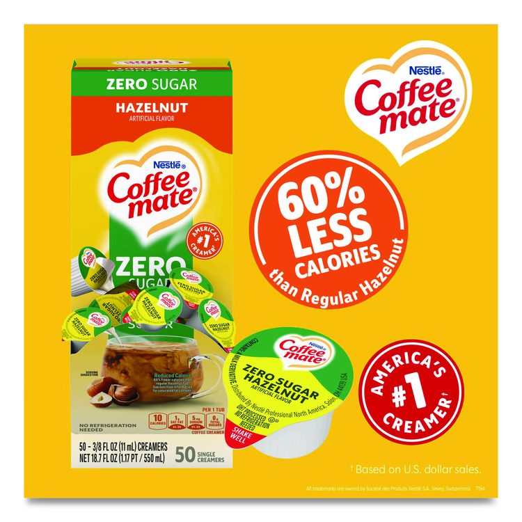 Liquid Coffee Creamer, Zero Sugar Hazelnut, 0.38 oz Mini Cups, 50/Box, 4 Boxes/Carton