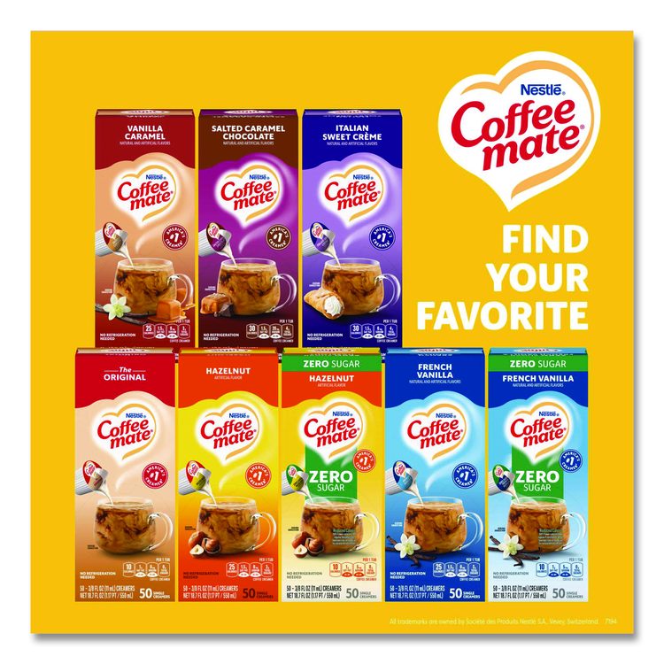 Liquid Coffee Creamer, Zero Sugar Hazelnut, 0.38 oz Mini Cups, 50/Box, 4 Boxes/Carton