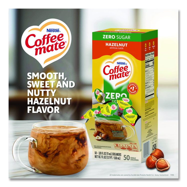 Liquid Coffee Creamer, Zero Sugar Hazelnut, 0.38 oz Mini Cups, 50/Box
