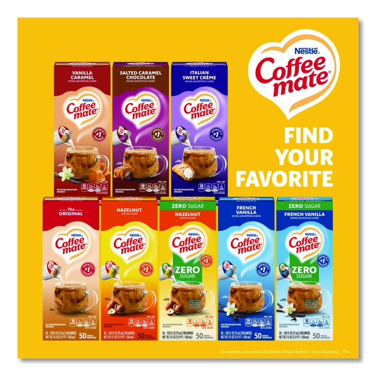 Liquid Coffee Creamer, Zero Sugar Hazelnut, 0.38 oz Mini Cups, 50/Box
