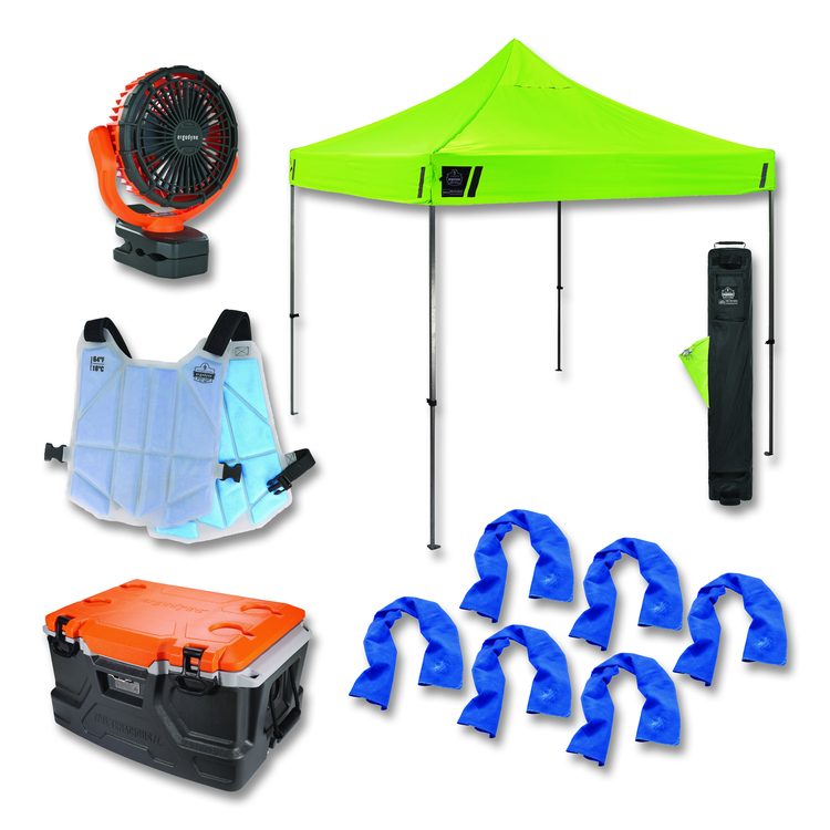 Chill-Its 6672 Heat Stress Prevention and Recovery Station Kit, Pop-Up Tent, 48-qt Cooler, Fan, Vest, 6 Towels