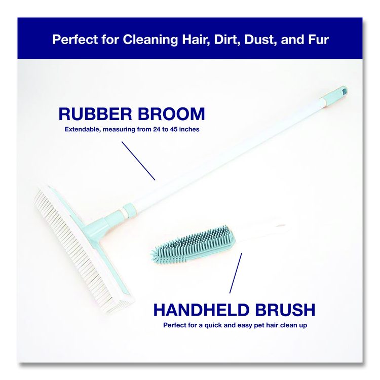 Rubber Broom and Handheld Brush,11.75 x 50 Plastic Handle, White/Blue