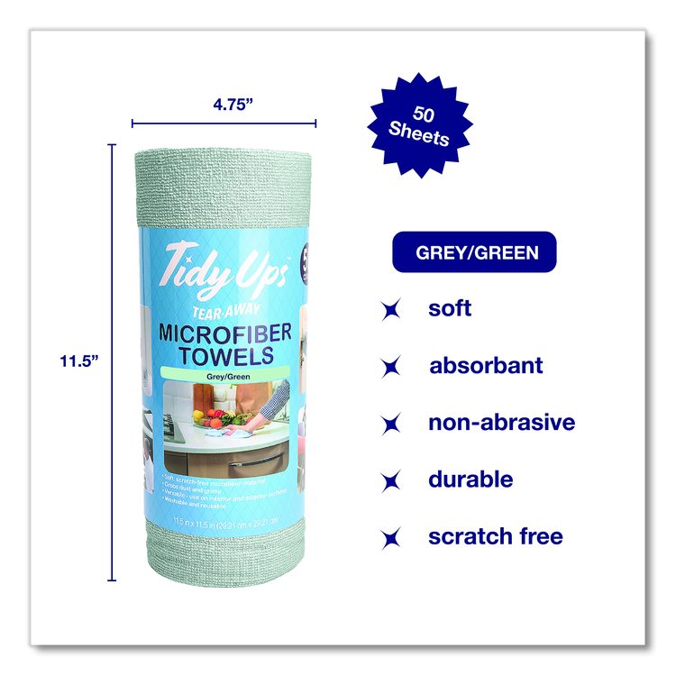 Microfiber Towel Roll, 11.5 x 11.5, Green, 50 Towels/Roll