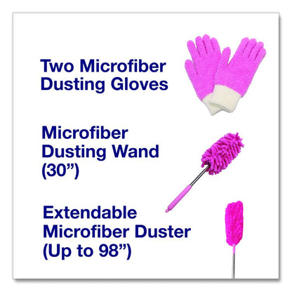 Dusting Set, Feather Duster, Dusting Wand, 2 Gloves, Pink