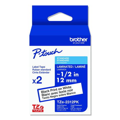 TZe Standard Adhesive Laminated Labeling Tapes, 0.47" x 26.2 ft, Black on White, 2/Pack