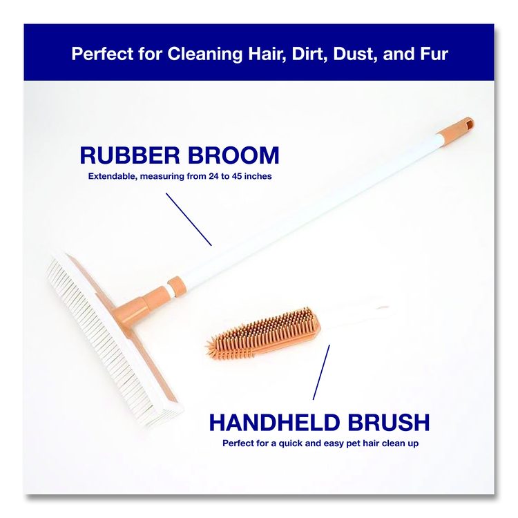 Rubber Broom and Handheld Brush, 11.75 x 50 Plastic Handle, White/Taupe