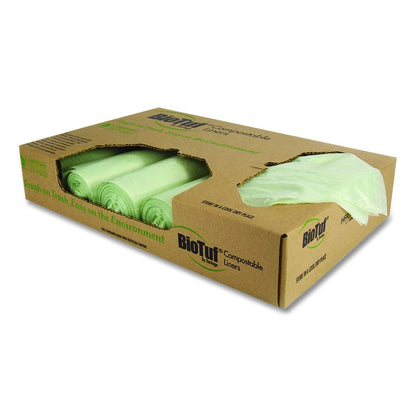 Biotuf Compostable Can Liners, 30 gal, 0.88 mil, 30" x 39", Green, 25 Bags/Roll, 6 Rolls/Carton