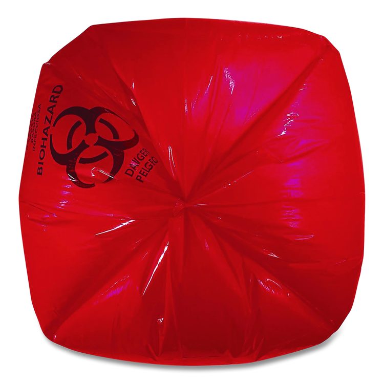 Healthcare Biohazard Printed Low-Density Can Liners, Biohazard, 45 gal, 1.3 mil, 40 x 46, Red, Flat Pack, 200/Carton