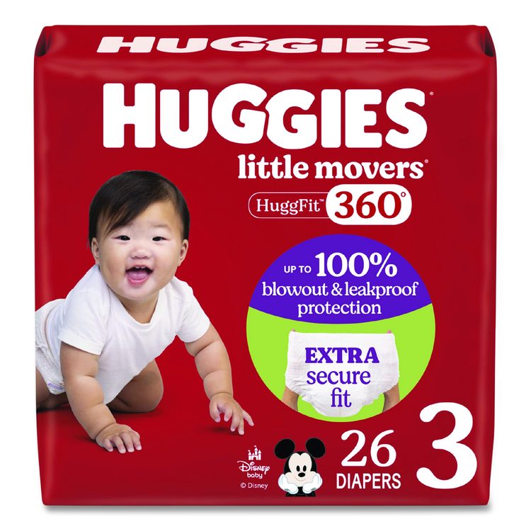 Little Movers HuggFit 360 Degree, Size 3, 16 lbs to 28 lbs, Disney Design, 26 Diapers/Pack, 4 Packs/Carton