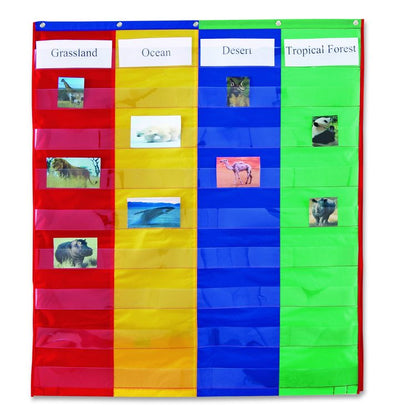 Two- and Four-Column Double-Sided Pocket Chart, 9 Pockets/Chart, 30 x 38, Blue/Green/Red/Yellow