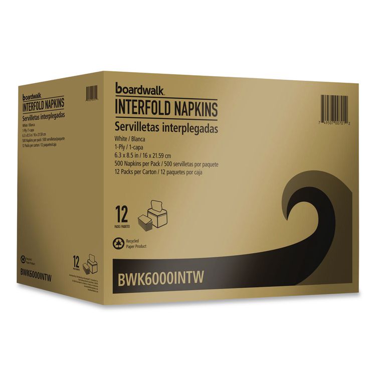 Interfold Napkins, 1-Ply, 8.8 x 6.3, White, 500/Pack, 12 Packs/Carton