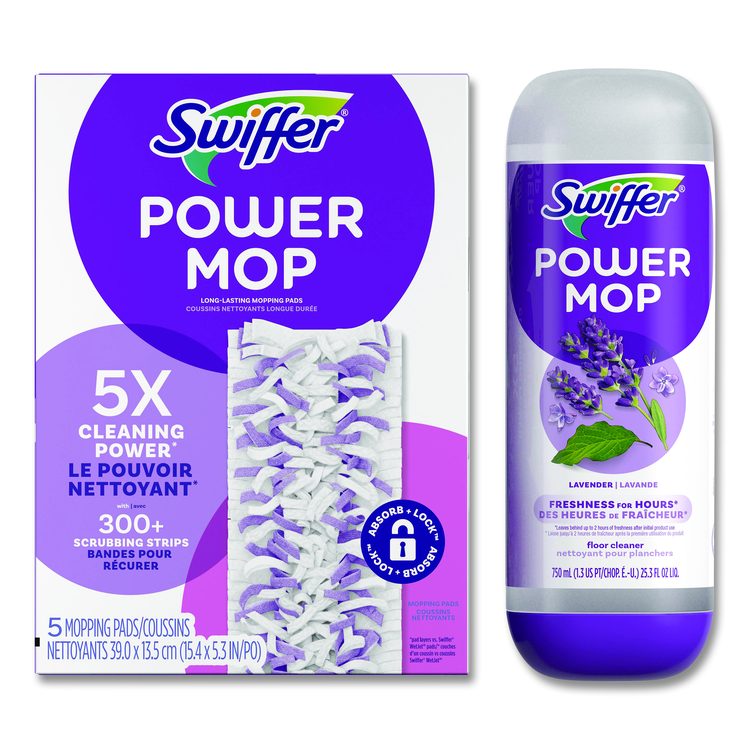 PowerMop Cleaning Solution and Pads Refill Pack, Lavender Scent, 25.3 oz Bottle and 5 Pads per Pack, 4 Packs/Carton