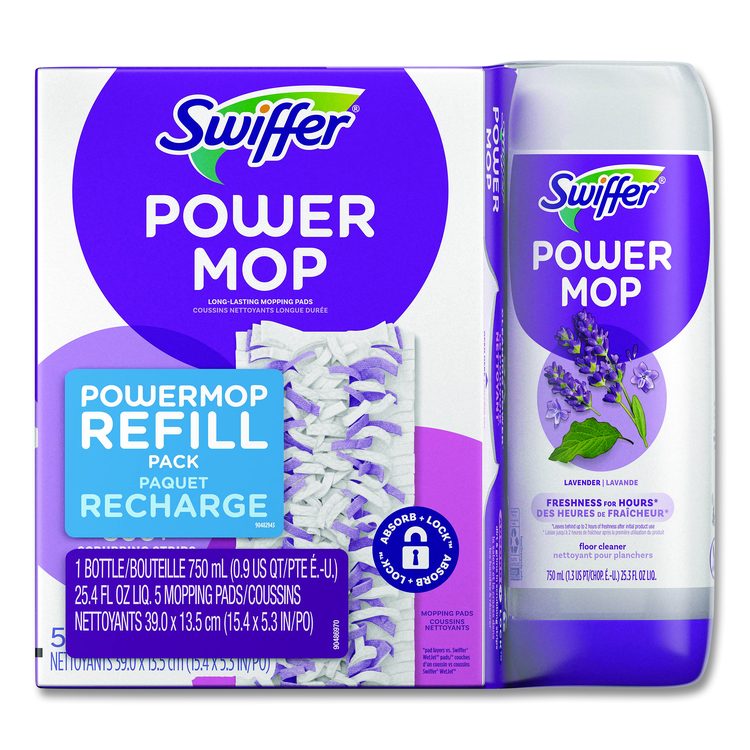 PowerMop Cleaning Solution and Pads Refill Pack, Lavender Scent, 25.3 oz Bottle and 5 Pads per Pack, 4 Packs/Carton