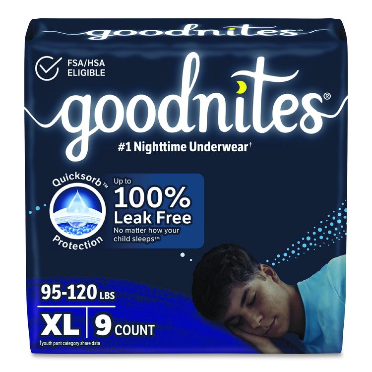 Nighttime Bedwetting Underwear for Boys, Size X-Large, 95 lbs to 140+ lbs, White, 9/Pack, 4 Packs/Carton