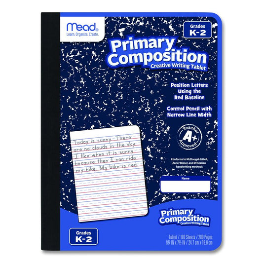 Primary Journal Creative Writing Composition Book, Manuscript Format, Blue/Black/White Cover, (100) 9.75 x 7.5 Sheets
