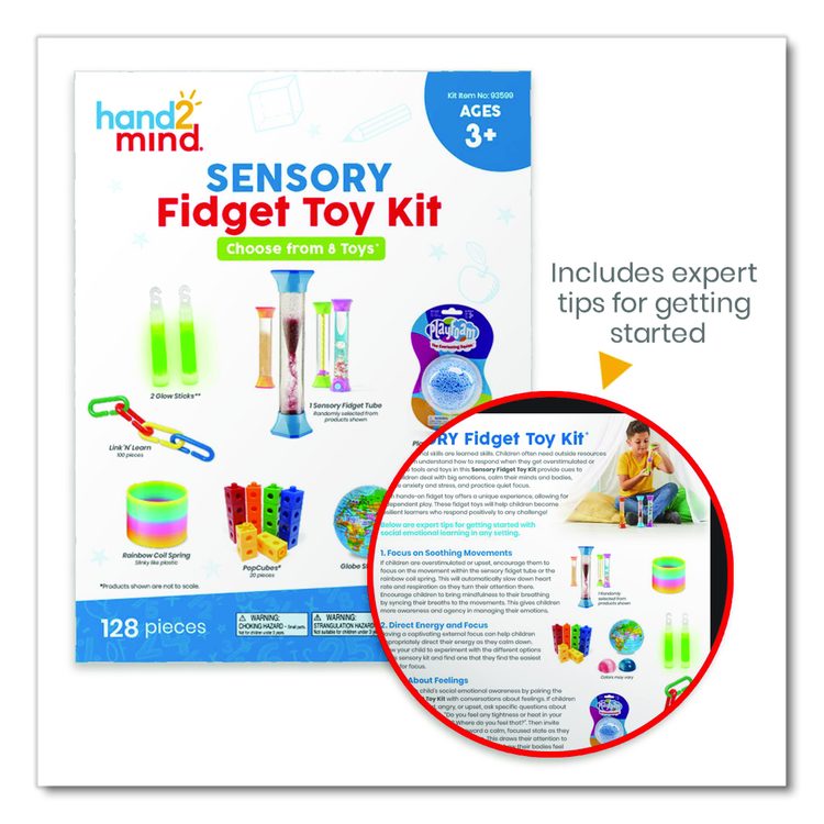 Sensory Fidget Toy Kit, Eight Toy Types, Ages 3 and Up, Assorted Colors, 128 Pieces