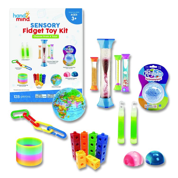 Sensory Fidget Toy Kit, Eight Toy Types, Ages 3 and Up, Assorted Colors, 128 Pieces