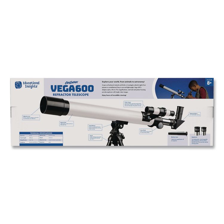 GeoSafari Vega 600 Telescope, 2 Elements, 30x to 150x Magnification, 50 mm Aperture, 600 mm Focal Length, Silver