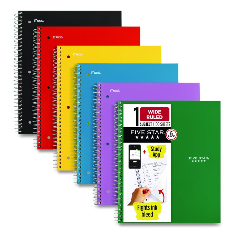Wirebound Notebook, 1-Subject, Wide/Legal Rule, Assorted Cover Colors, (100) 10.5 x 8 Sheets, 6/Pack